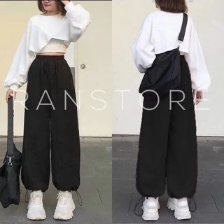 Set quần áo nữ 3 món croptop chéo mix quần jogger ống rộng rút dây/ Áo thun dài tay dáng ngắn kèm quần suông ulzzang