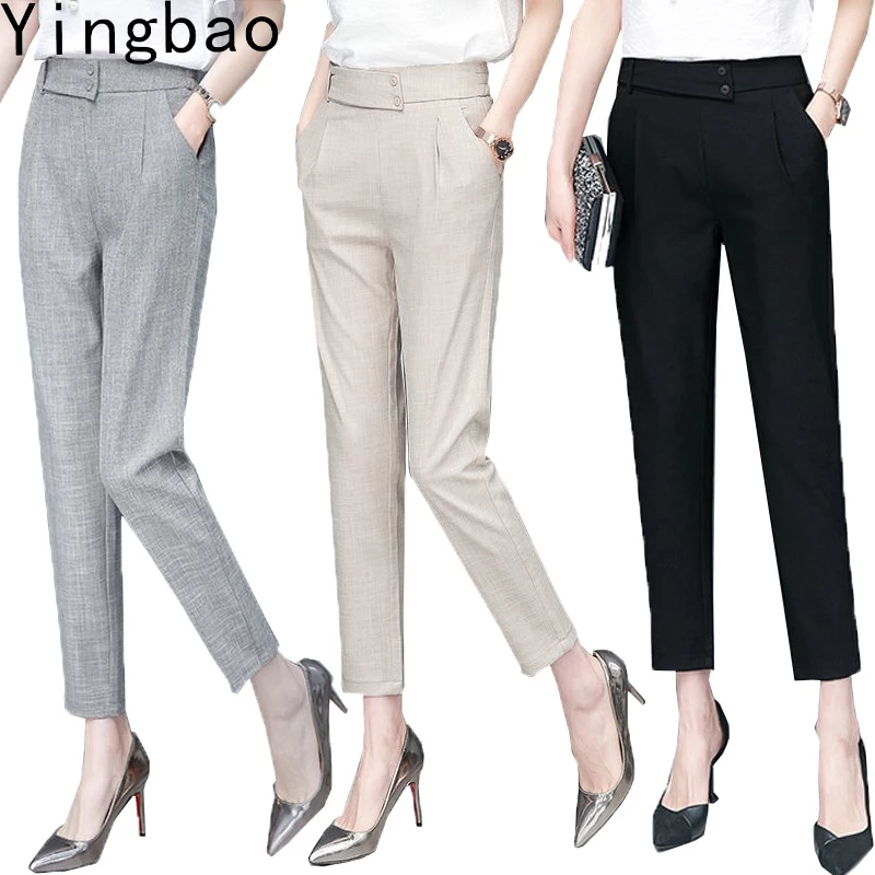 Yingbao Quần Phù Hợp Với Nữ Trang Trọng Công Sở Mặc Mùa Hè Vải Lanh Cotton Mỏng Thời Trang Dài Cao Cấp Rời Thường Ngày Nữ Co Giãn Eo Quần Có Túi Plus