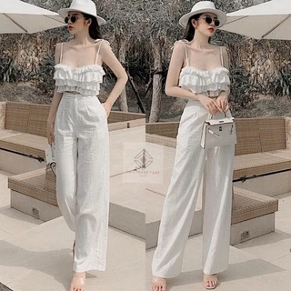 Quần culottes ống rộng chất vải đũi dáng dài lưng cao khóa thật cạp chun sau - Quần Đũi Ống Suông Rộng Lưng Thun Mặc Nhà