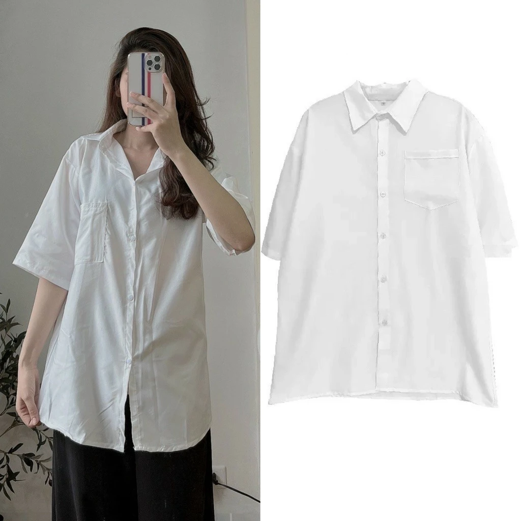 Áo Sơ Mi Trắng Tay Lỡ Hs Nữ [FREESHIP] Thun kiểu form rộng học sinh, sinh viên, vintage cá tính rẻ đẹp Ulzzang