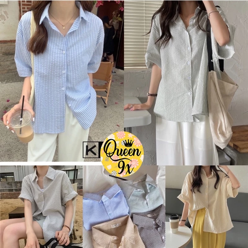 Áo sơ mi Hàn Quốc dáng rộng kẻ sọc nhiều màu Ulzzang phong cách hàn quốc