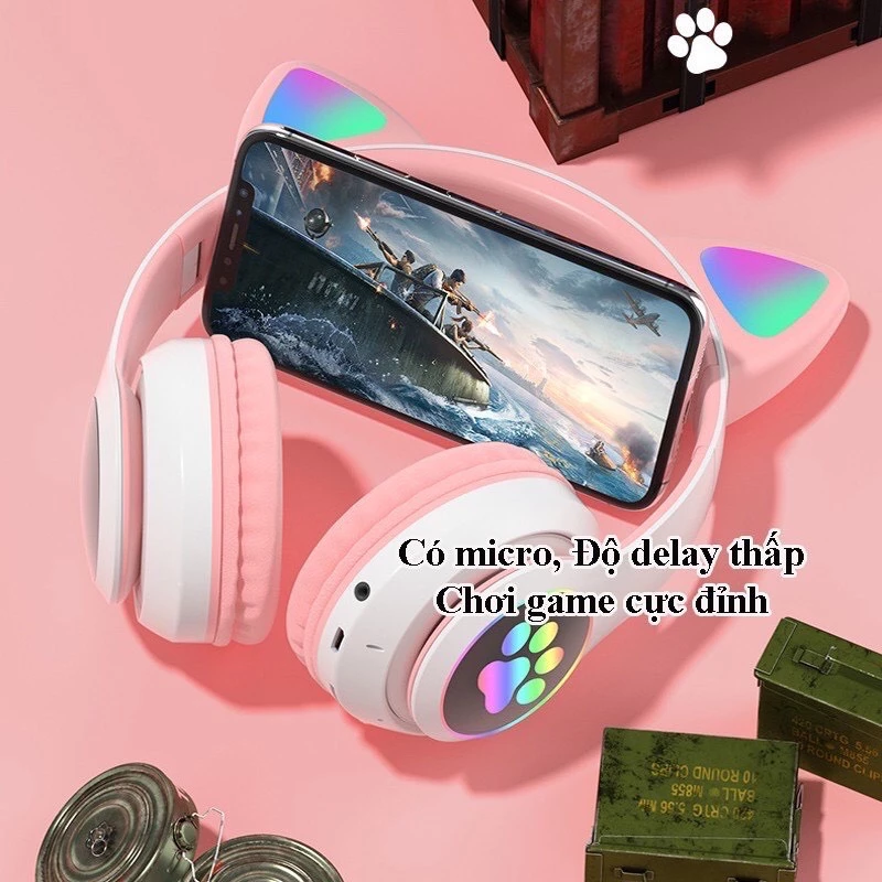 Tai Nghe Mèo Đèn Led Chụp Tai Bluetooth STN-28 Có Mic- kèm khe cắm thẻ