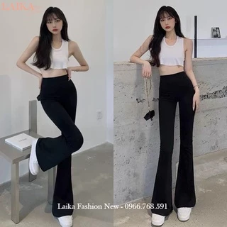 Quần ống loe cạp cao dài con giãn tôn dáng màu đen bigsize dây eo dáng quần legging ống loe ôm lưng chun vải cotton dày