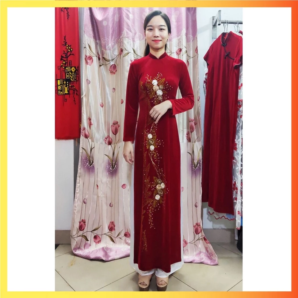 BỘ ÁO DÀI NHUNG THÊU HOA CÚC CÁCH ĐIỆU, ÁO DÀI TRUYỀN THÔNG CỔ TRỤ áo dài trơn phi bóng, áo dài lụa thêu hoa
