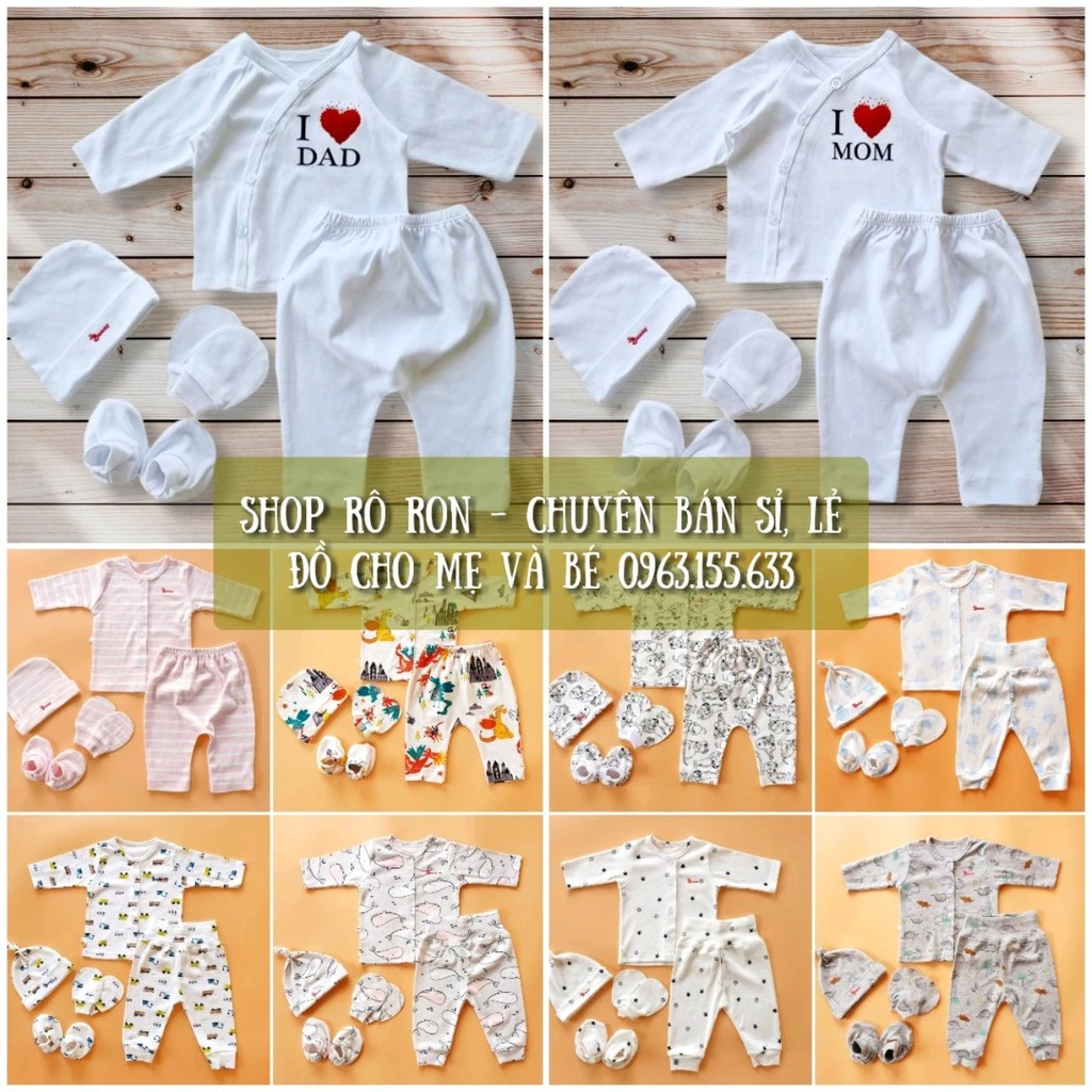 Bộ quần áo sơ sinh dài tay BUNNY 5 chi tiết - Set Quần Áo Mũ Bao tay chân cho bé sơ sinh - Shop Rô Ron