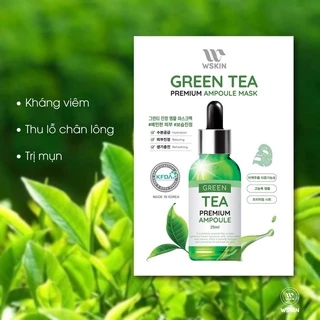 (Hộp 10 miếng) Mặt nạ ngừa mụn, ngừa viêm, sáng da trà xanh Green Tea Premium Ampoule Mask Wskin Hàn Quốc