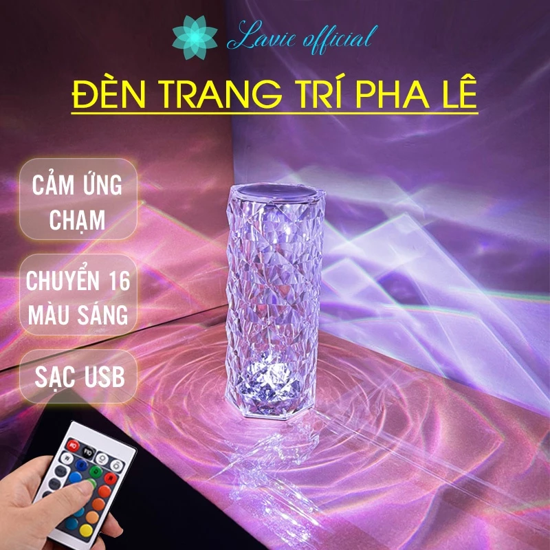 Đèn Ngủ Để Bàn Ánh Sáng Pha Lê - Đèn Trang Trí Phòng Ngủ Cao Cấp Cảm Ứng Chạm 16 Màu Có Thể Sạc Pin, Có Điều Khiển Từ Xa