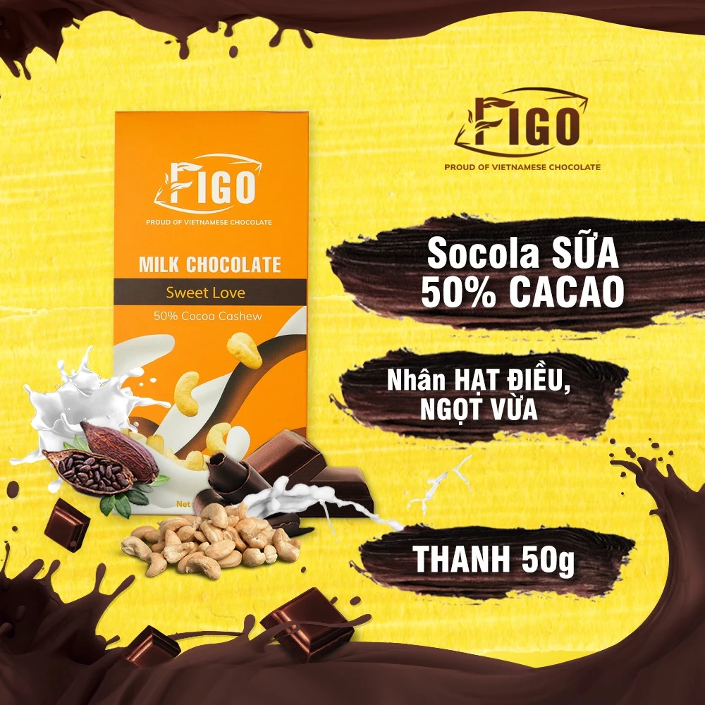 ( Chocolate thanh )Kẹo socola thanh 50g vị sữa nhân hạt điều tăng cân Figo, đồ ăn vặt nội địa cho bé, healthy