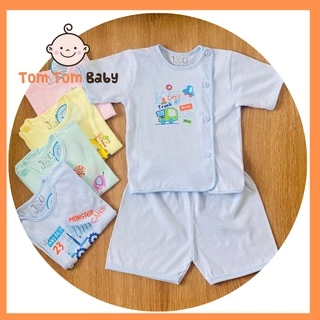 Bộ quần áo sơ sinh cotton JOU - Mẫu Tay Ngắn Cài Lệch Màu, Size 1-3 cho bé sơ sinh - 9kg