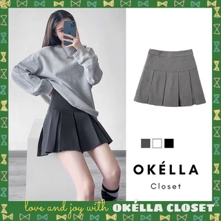Chân váy xếp ly bản to màu xám cạp cao phong cách Hàn Quốc Okella (ảnh thật shop chụp)