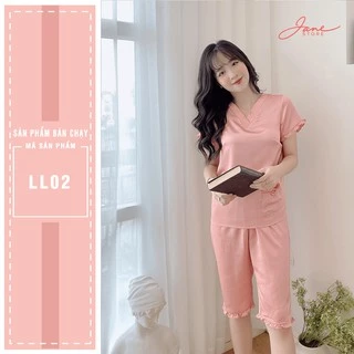 Đồ ngủ Set quần áo nữ chất liệu lụa Bộ mặc nhà quần lửng, áo cổ V màu hồng Jane mã LL02