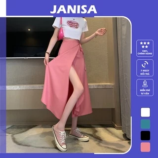 Chân váy công sở cột eo xẻ tà midi bigsize chữ a JANISA CV23