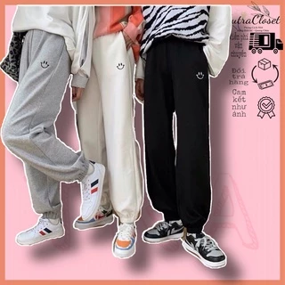 Quần jogger ống rộng bo chun nỉ ngoại thêu mặt cười unisex ulzzang nam nữ