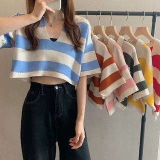 Áo Croptop Dệt Kim Tay Ngắn Hoạ Tiết Kẻ Sọc Thiết Kế Dáng Rộng Thoải Mái