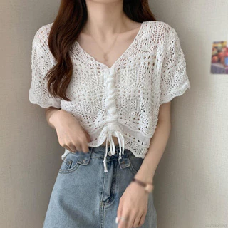 Áo Croptop Tay Phồng Ngắn Cổ Chữ V Thời Trang Hè Cho Nữ