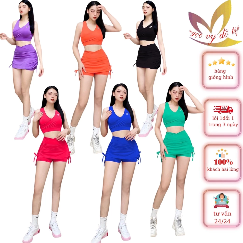 Bộ quần giả váy áo bra Croptop, thể thao năng động đi bơi, tập Gym Yoga, chạy bộ,  Aerobic