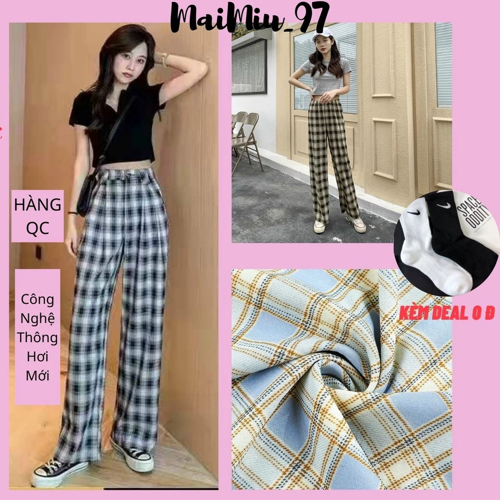 (Hàng QC) Quần Ống Rộng Hàng QC, Quần Ống Suông Kẻ Caro Lụa Thô Nhẹ Mát, Công Nghệ Thoáng Khí Mới