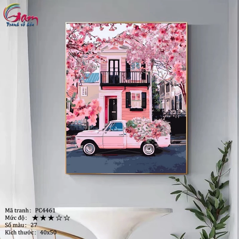 Tranh sơn dầu số hoá tự tô màu Gam ngôi nhà màu hồng PC4461 40x50cm căng khung