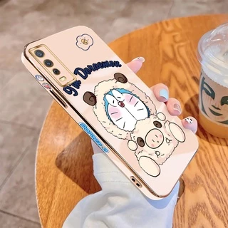 For Vivo Y20 2021 Y20i Y20s G Y20a Y12a Y12s 2021 V2026 V2042 V2027 Soft Cover Cute Cartoon Doraemon Cat Sheep Square Edge Casing Luxury Plating TPU Phone Case