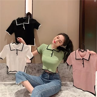 Áo Phông Áo Croptop Áo Thun Nữ Dệt Kim Ngắn Tay Cổ Tròn Màu Sắc Thời Trang