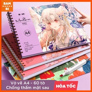 Vở vẽ A4 lò xo, sổ phác thảo, sketchbook 110gsm, 120 trang (60 tờ) 3 màu Xanh/Hồng/Tím chống thấm mặt sau