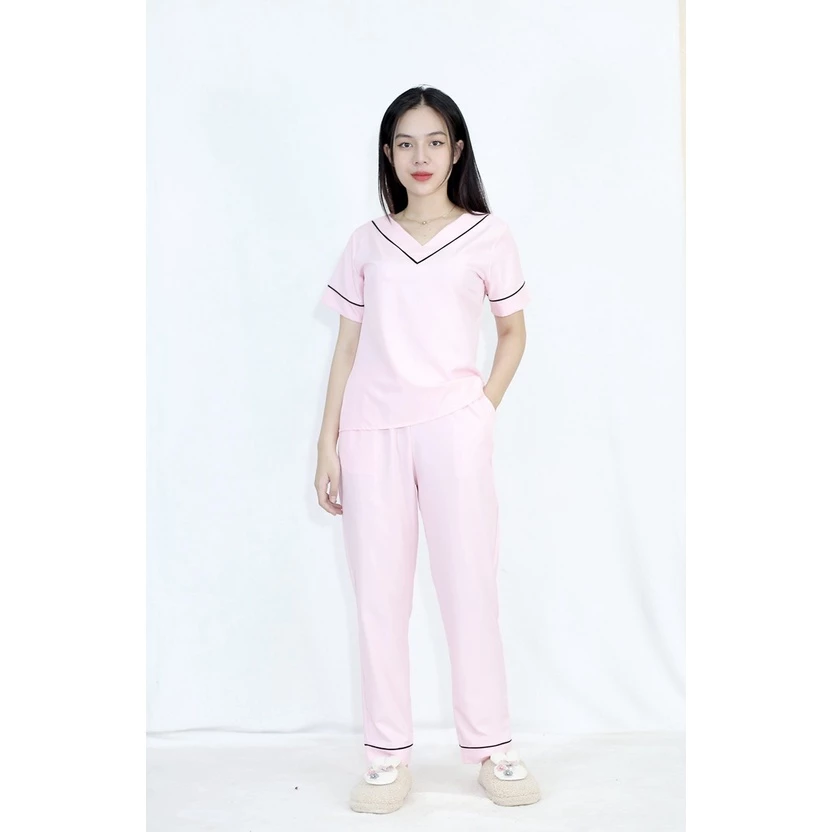 Bộ đồ bộ Pijama nữ P8 HỒNG PHẤN CỔ TIM tay ngắn quần dài Thoải Mái Nhẹ Nhàng