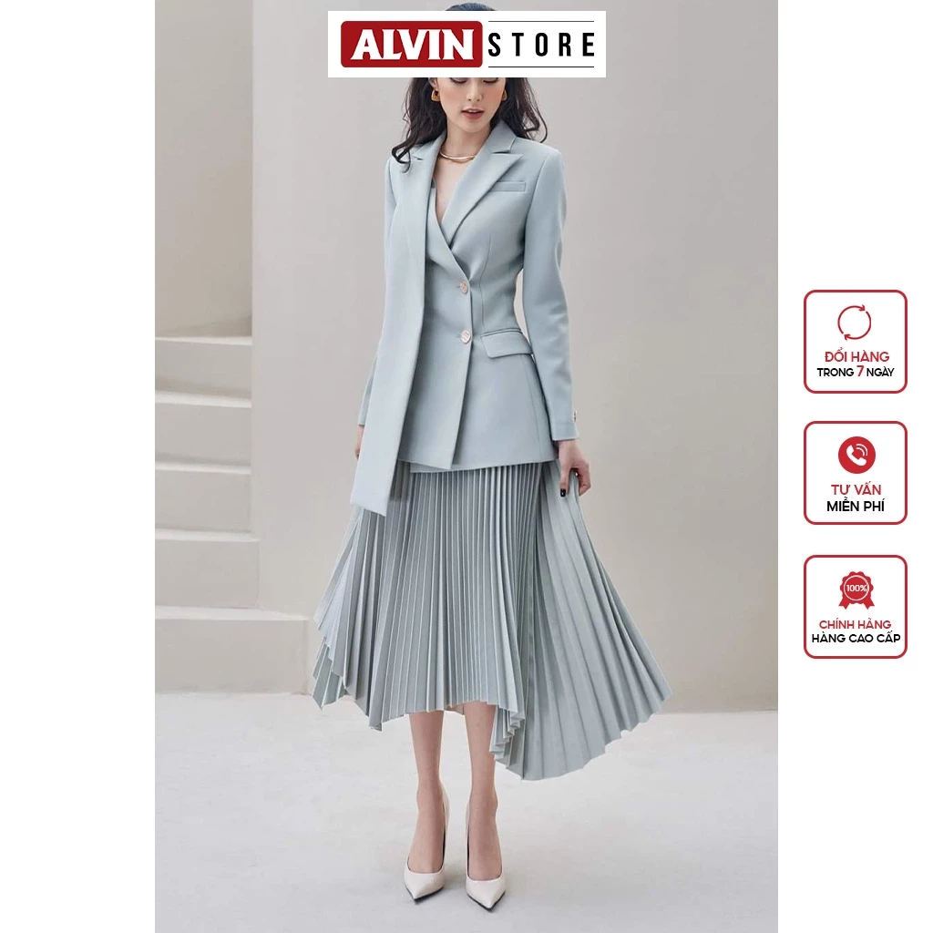 Set Áo Váy Kiểu Áo Vest Tay Dài Chân Váy Xếp Ly Alvin Store 2922