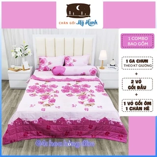 Bộ chăn ga trần bông 5 món hình Hoa Hồng Đào chất liệu Cotton Poly mềm mịn mát đủ kích thước ga giường 1m6, 1m8, 2m2 x2m