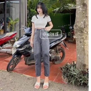 Set baggy jeans loan màu xám + crop petter phối viền