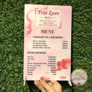 Menu cho tiệm nail, Bảng giá cho thẩm mỹ viện, nail, mi , móng, quán cắt tóc, chất liệu mica sáng bóng