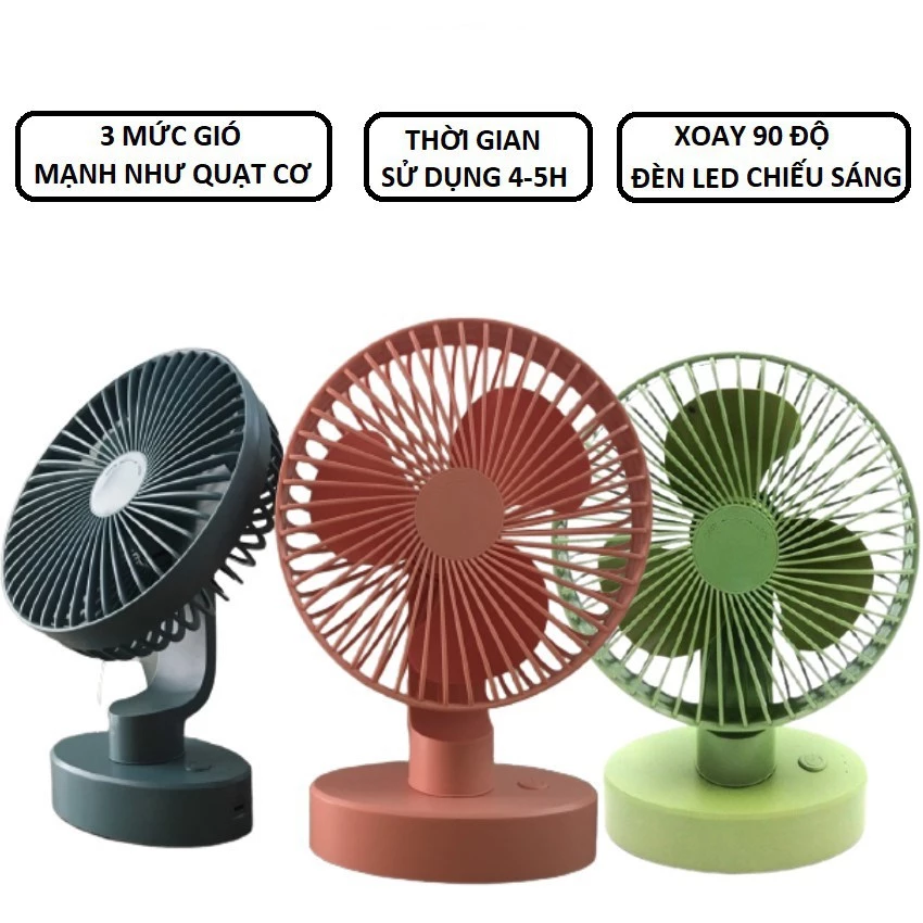 Quạt sạc mini để bàn tích điện 3 chế độ gió cực mát - Có đèn và sạc pin - GIAO MÀU NGẪU NHIÊN