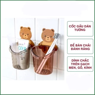 Cốc cắm bàn chải kem đánh răng dán tường hình gấu có lỗ thoát nước