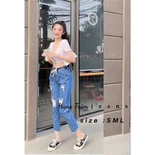 Quần baggy jean nữ lưng thun mẫu rách suông lai tua màu xanh đậm