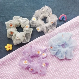 Dây cột tóc Scrunchies vải lưới thêu hoa cúc nhiều màu xinh xắn