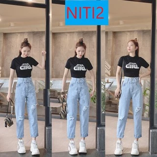 [ LẠ HOẮC ] QUẦN BAGGY JEAN NỮ LƯNG CAO RÁCH TO 2 GỐI XẺ NỮA ĐĨA CHÉO MÀU XANH NHẠT SIÊU HOT SIÊU PHONG CÁCH NITIQC