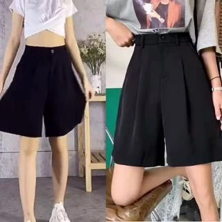 Quần short nữ ống rộng dáng lửng ngang gối màu đen có đỉa - Quần ngố nữ  bigsize cạp lưng cao vải mềm mặc đi học đi biển