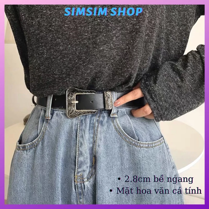 Dây lưng Nam nữ Unisex mặt hoa văn nổi simsimvintage TL022 Thắt lưng cài mặt bạc hoa nổi cá tính