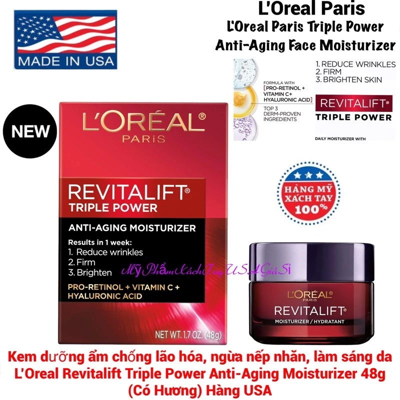 Kem dưỡng ẩm chống lão hóa Loreal Revitalift Triple Power Anti-Aging Moisturizer Hàng Nhập USA