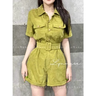 Bộ Jumpsuit Cổ Sơ Mi Liền Quần Gập Gấu Thời Trang Chất Tăm Nhung Cao Cấp Kèm Nịt