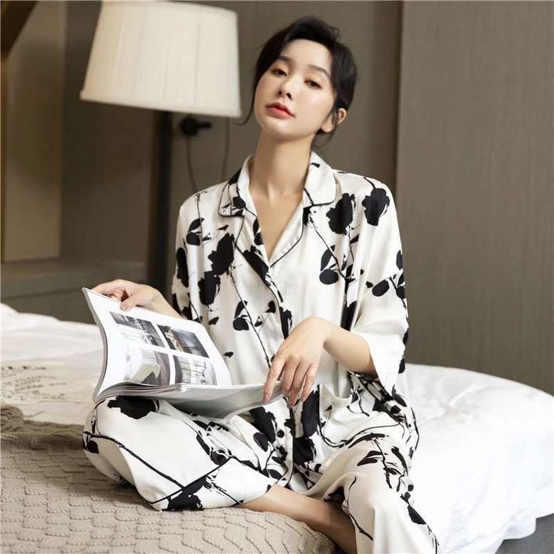Xxl Plus Size Bộ Đồ Ngủ Nữ Băng Lụa Rời Tay Dơi Hoa Hồng In Hình Bộ Đồ Ngủ