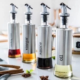 Chai Đựng Dầu Ăn, Nước Mắm, Gia Vị Thuỷ Tinh Bọc Inox Cao Cấp 300ml - Chiết Rót Chống Tràn