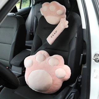 【spot goods】 Car accessories Car Neck Pillow Plush Headrest Cute Cat Claw Waist Pillow Woman Decorative Car safety belt cover Universal for all seasons car interior supplies