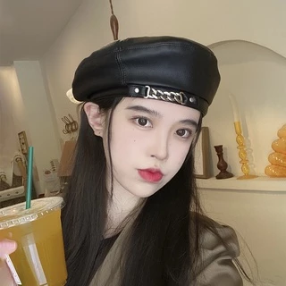 Mũ nồi da PU màu đen phong cách Hàn Quốc thời trang xuân thu cao cấp cho nữ