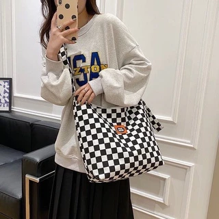 Túi tote đeo chéo cải canvas caro đi học nam nữ unisex có dây kéo