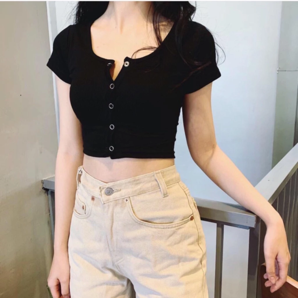 Áo croptop tay ngắn PINKSTORE29 kiểu cúc bấm cổ tròn, dáng ôm body A5214