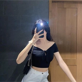 Áo croptop nữ bẹt vai nơ ngực trơn chất liệu thun gân co giãn I HHVINTAGE