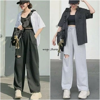 Quần Nỉ Thun Ống Rộng Rách Gối Nam Nữ ,Quần Baggy Cạp Cao Thun Dài Rách Đùi Unisex 2 Màu Đen Xám ,Thongthuthongthu