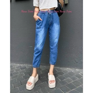 Quần baggy jean nữ lưng thun mẫu cào xước lai bo chun