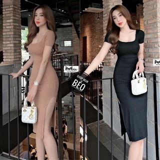 [MẪU MỚI] Đầm Body Cổ Vuông Tay Ngắn Xẻ 2 Bên Đùi Chất Thun Gân Xương Cá Thích Hợp Mặc Đi Tiệc Đi Làm Đi Chơi