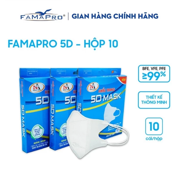 [HỘP-5D MASK-QUAI THUN] COMBO 3 HỘP Khẩu trang y tế kháng khuẩn 3 lớp Famapro 5D Mask